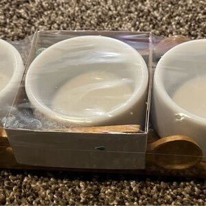 Nambe marble condiment bowls in an acacia wood serving tray. New.
